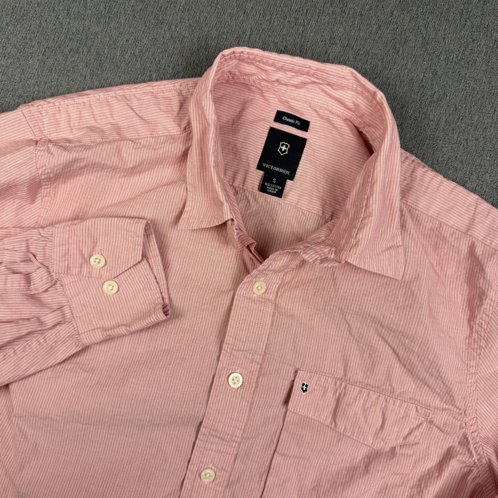 Victorinox Shirt Mens Small Pink Stripe Button Up Classic Fit Long Sleeve STAINS